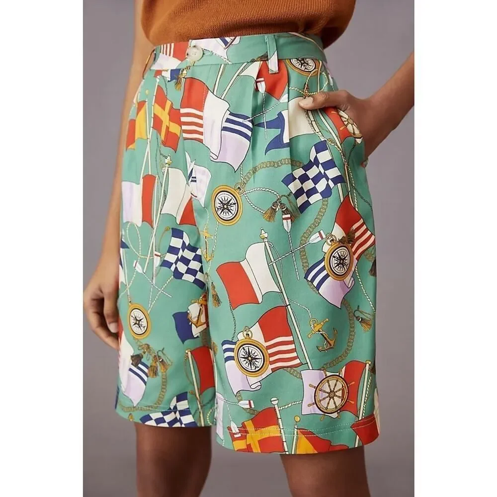 Anthropologie Maeve Printed Bermuda Shorts Size 2 Green Nautical